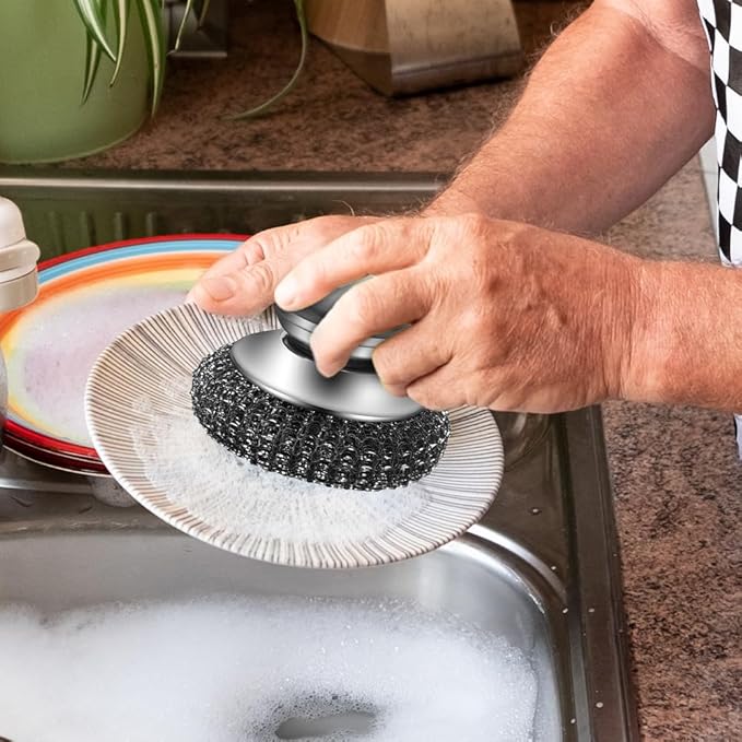 2026 New Steel Wool Scrubber, Stainless Steel Dish Scrubber with Handle for Cleaning Dishes, Iron Pots, Stoves, Wash Sink (2 pcs)