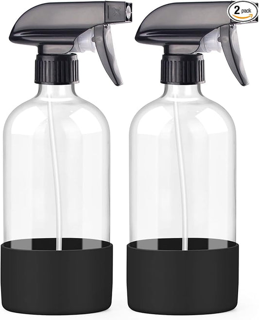 2 Pack Glass Spray Bottles with Silicone Sleeve, 16 oz Empty Refillable Containers with Adjustable Spray Nozzles, Spray Bottles for Hair, Cleaning Solutions and Plants Black