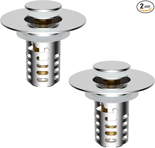 Upgraded Bathroom Sink Drain Strainer Hair Catcher 2PCS Universal 3 in 1 Pop-up Sink Stopper, Fit for Standard 1.1''~2.36'' Basin Hole, with Detachable Stainless Steel Filter Basket, Chrome