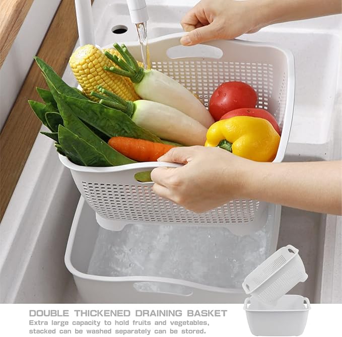 Double-layer Draining Basket Plastic Fruits Vegetable Washing Basket Food Storage Basket Multi-layer Stackable Vegetable Sinks Wash Drain Basket for Kitchen （Grey）
