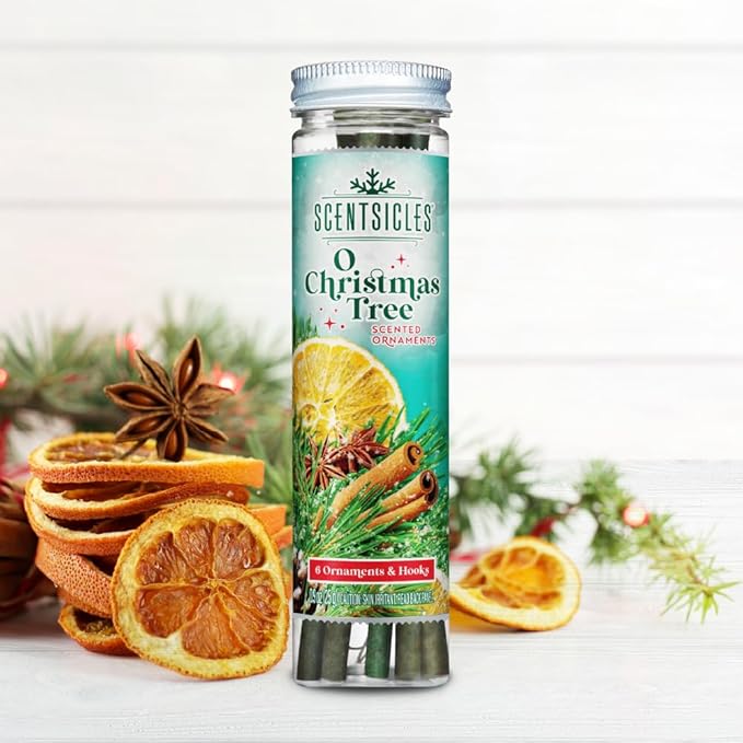 Scentsicles O Christmas Tree and Snowberry Pine Scented Christmas Ornaments with Hooks - 2 Pack (2 Bottles, 12 Sticks Total)