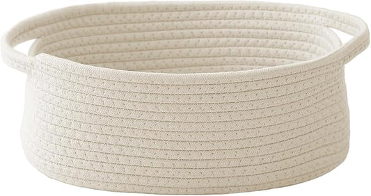 Woven Basket,Small Rope Storage Bin with Handles & Ribbon Bag, Organizer for Shelves Closets,Gift Basket Empty for Birthday,Books,Dog Toys,White