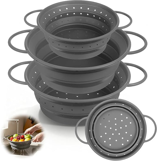3 Pack Collapsible Colander with Strainer Bowl Set, 11 & 13 In BPA-Free Silicone Colanders for Kitchen, Heat-Resistant Space-Saving Strainer Dishwasher Safe Baskets for Vegetable Fruits(Grey)