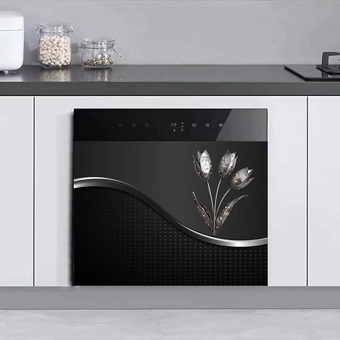 Stainless Steel Flowers Dishwasher Magnet Cover Decor, Metal Floral Dishwashing Sticker Magnetic, Kitchen Fridge Door Magnet Cover Black (23" x 17" Magnetic)