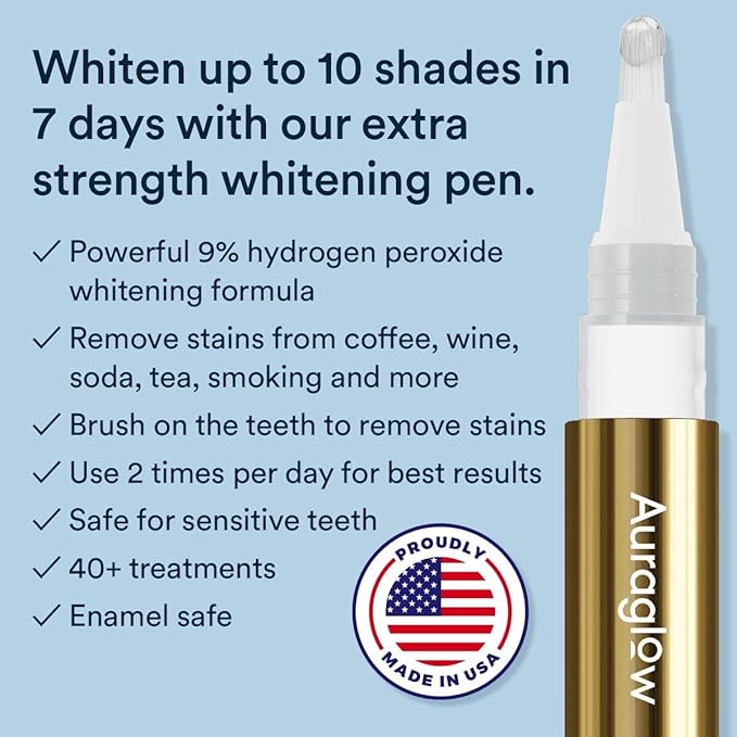 Auraglow Teeth Whitening Pen – Extra Strength 9% Hydrogen Peroxide, 40+ Treatments, No Sensitivity, Removes Coffee Wine Tea Stains, Whiten Teeth Fast, Enamel Safe, Made in USA, 4mL