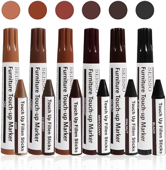 Furniture Repair kit, Wood Scratch Cover Markers*6 and Wax Filler Sticks*6 with Sharpener- 13Pack, Furniture Markers Touch Up Kit for Cover Ups Wooden Floors, Tables, Desks, Carpenters, Stains