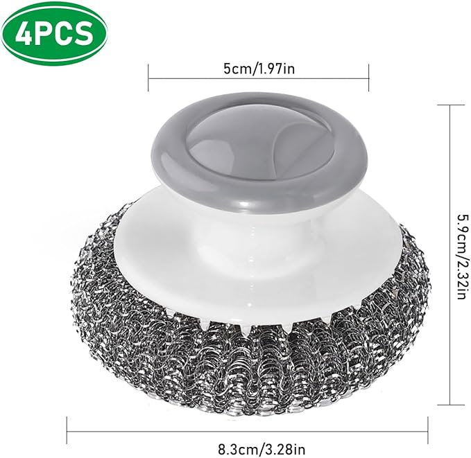 4 pcs Stainless Steel Scrubber with Handle，Heavy Duty Pot Scrubbers Dish Scrubber Cleaning Brush Wash for Dish