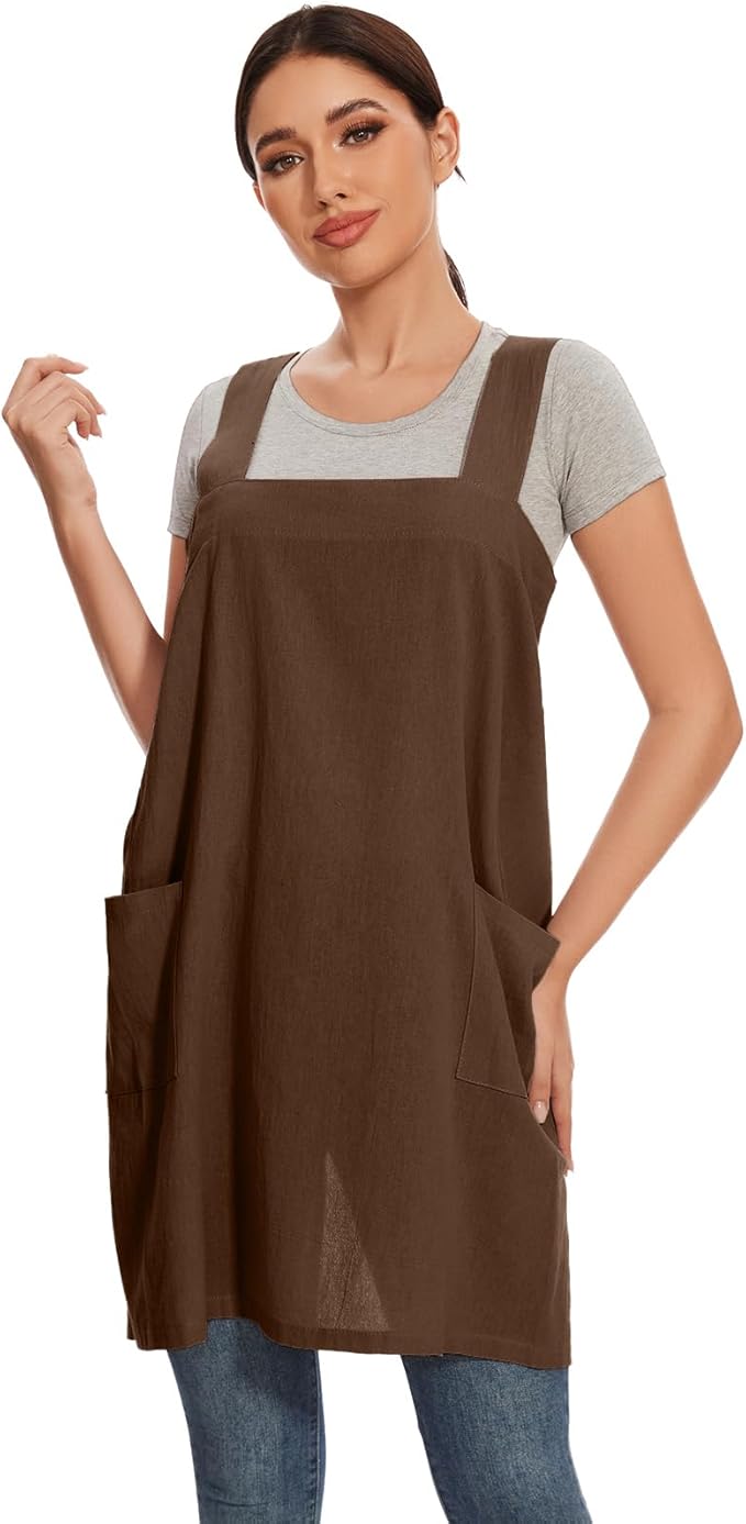 Women Apron with 2 Pockets Cotton Linen Kitchen Baking Cooking Chef Cross Back Pinafore Dress