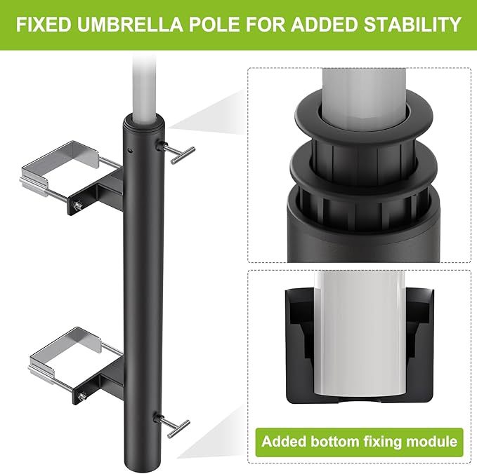 Dolibest Heavy Duty Patio Umbrella Holder, Steel Deck Clamp Holder up to 2'' Poles, Deck Mount Umbrella Holder, Space Saving Design, Attaches to Railing Max Width 4 inch, Easy Installation