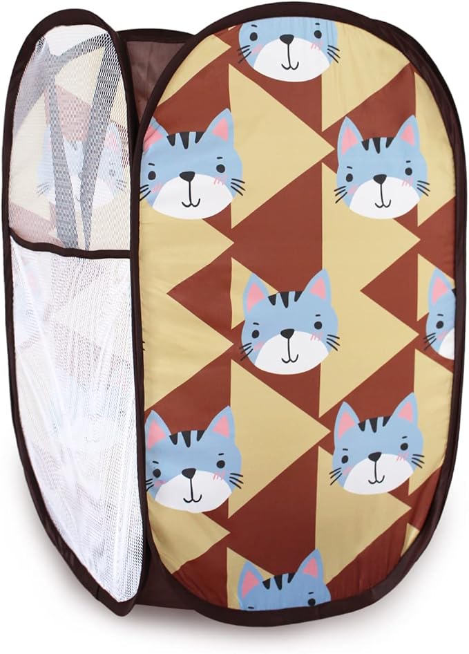 Cute Foldable Laundry Toys Tidy Clothes Socks Basket Storage Bag (Brown Plaid Cat)