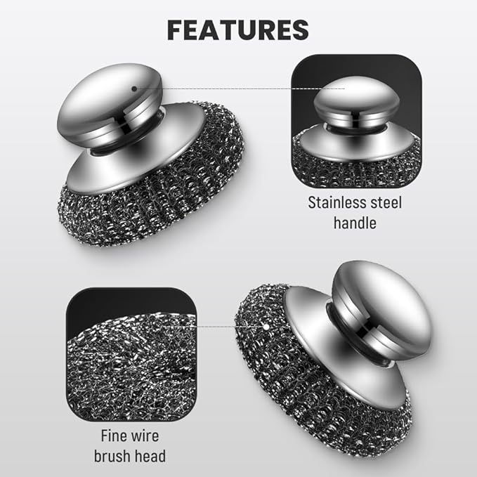 Stainless Steel Wool Scrubber with Handle,2025 New Steel Wool Scrubber with Handle,Replaceable Steel Brush Wool Pads,Detachable Metal Scrubber for Dishes,Iron Pots,Stoves (Scrubber Set/10pcs)