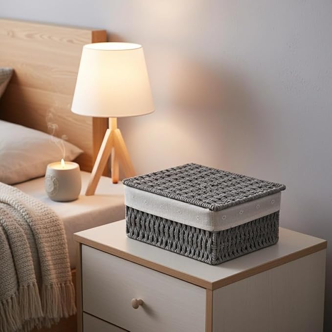 Wicker Shelf Basket with Lid Paper Storage Baskets for Shelves Medium Storage Bin with Removable Liner Nesting Decorative Woven Basket for Makeup Closet Organizer (Medium, Grey)