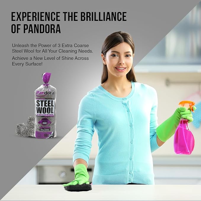 Pandora Steel Wool #3 – Extra Coarse Grade, 48 Pads for Tough Cleaning and Removing - Metal Strands - Ideal to Remove Rust, Grime, and Stubborn Stains