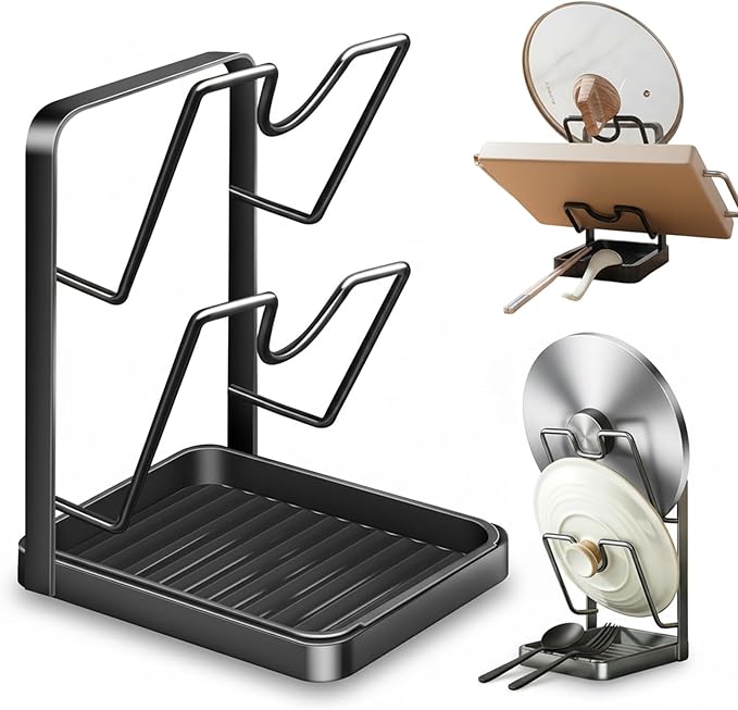 Kitchen Pot Lid Storage Rack, Carbon Steel Pot Lid Holder While Cooking,Countertop Pot Lid Organizer with Tray,Multifunctional Kitchen Utensil Organizer for Spatula,Ladle,Cutting Board (Gray,Double)