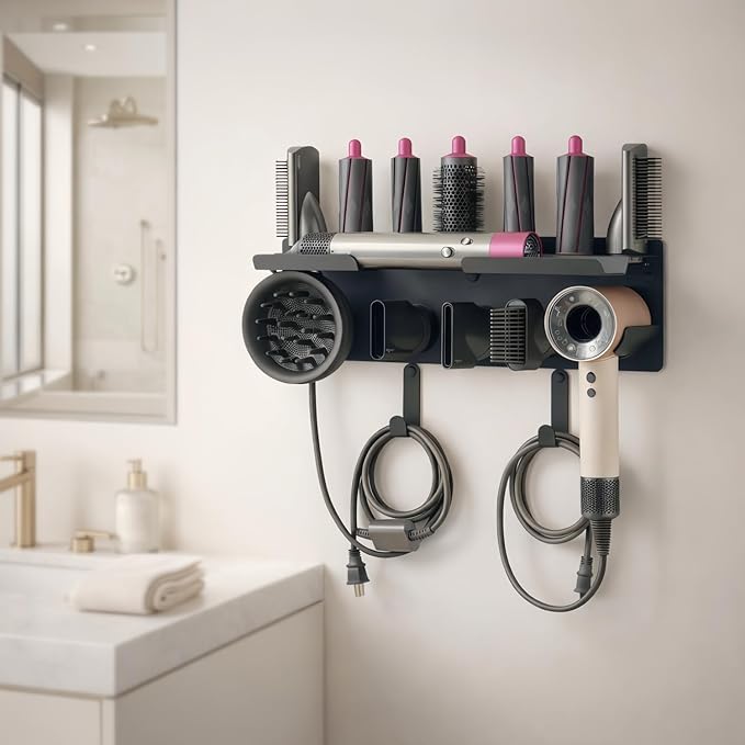 Dyson Airwrap Holder, Dyson Hair Dryer Wall Mount & Dyson Airwrap Organizer 2-in-1 Stainless Steel Storage for Airwrap & Hair Dryer Accessories, Space Saving Bathroom Vanity Dyson Shelf