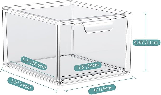 2 Pack Stackable Makeup Organizer and Storage, Acrylic Organizers，Clear Plastic Storage Drawer with Handles for Vanity, Undersink, Kitchen Cabinets, Pantry