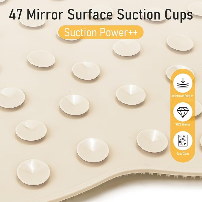 XL Shower Foot Scrubber Mat, Silicone Feet Massage Scrubber in Shower Clean Foot Toes Pad without Bending Non-slip Suction Cups Blood Circulation Exfoliate Smooth Achy Relief 17.4*13.4" Beige