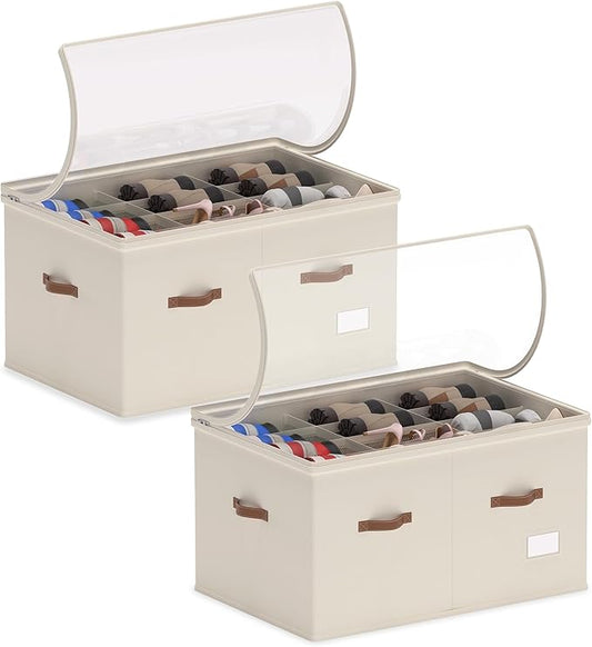 Shoe Organizer for Closet, 2 Pack Shoe Storage Bins Foldable Shoe Storage Box Containers with Clear Cover and Sturdy Handles, Shoe Rack for Closet Storage for Sneakers Heels Slippers, Fit 12-24 Pairs