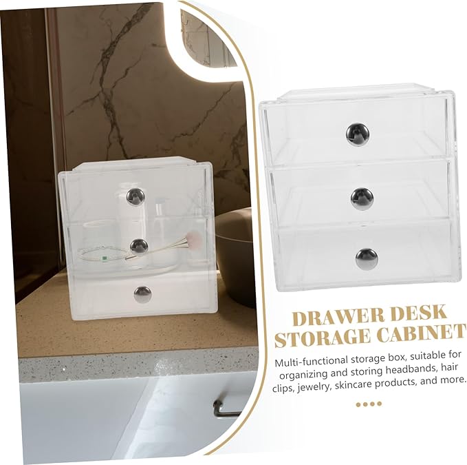 Three-layer Desk Storage Organizer Box Desk Organizer Drawers Transparent Silver Handle