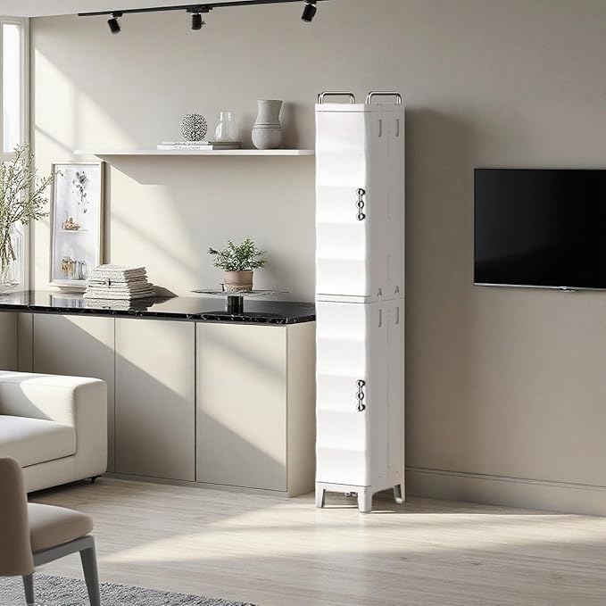 52.76" Tall Narrow Bathroom Storage Cabinet with Doors and Adjustable Shelves Plastic Slim Bathroom Storage Organizers Small Space Saver for Laundry Room Dorm Kitchen Quick Assembly, White