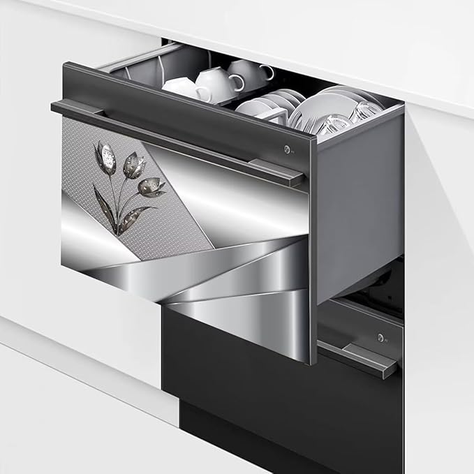 Polished Metal Texture Dishwasher Magnetic Cover for Door Front,Silver Stainless Steel Flowers Refrigerator Magnet Decor Floral Magnet Panel Decal, Fridge Home Appliance Sticker 23x17inch