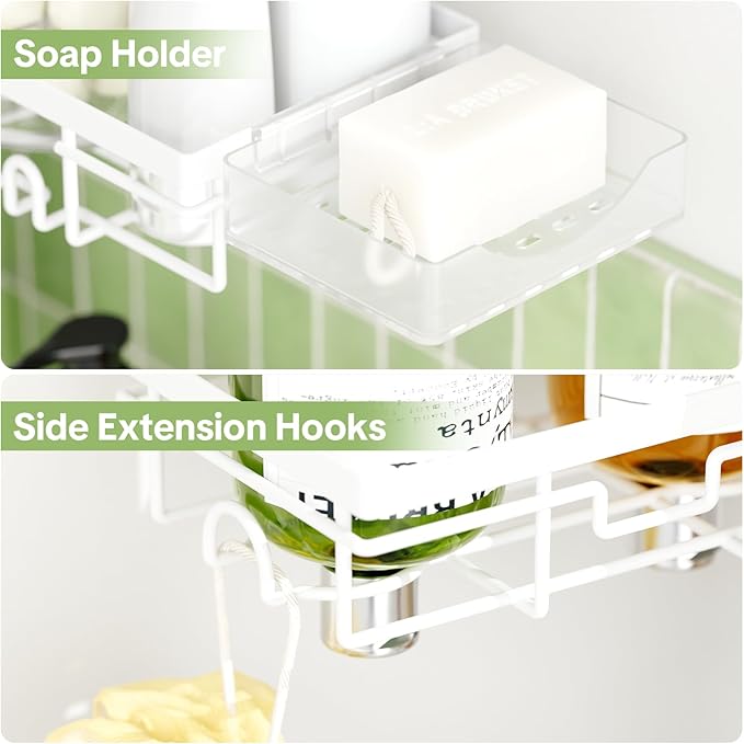 Shower Tension Rod Organizer, 6 Tier Rustproof Corner Shower Caddy Tension Pole with Soap Holder & Hooks, Adjustable 30-121 Inch Bathroom Shelf for Renters - Family Stand Storage Rack, White