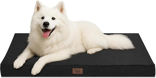 Outdoor Large Washable Dog Bed, Orthopedic Egg Crate Foam Dog Crate Mat for Large Dogs with Removable Oxford Cooling Cover, Black