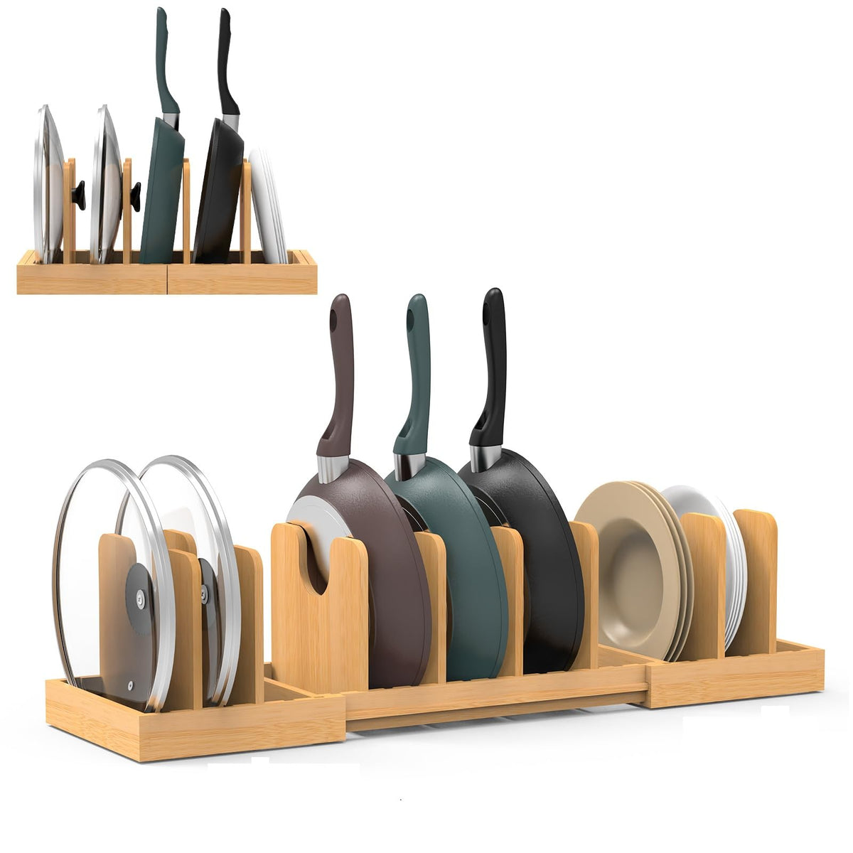 Pots and Pans Organizer Under Cabinet,Bamboo Pot Lid Organizer - Image 1
