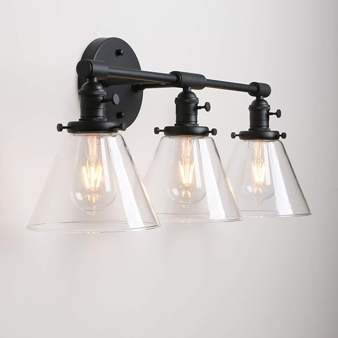 Permo Vintage Industrial Antique Three-Light Wall Sconces with Funnel Flared Clear Glass Shade (Black)