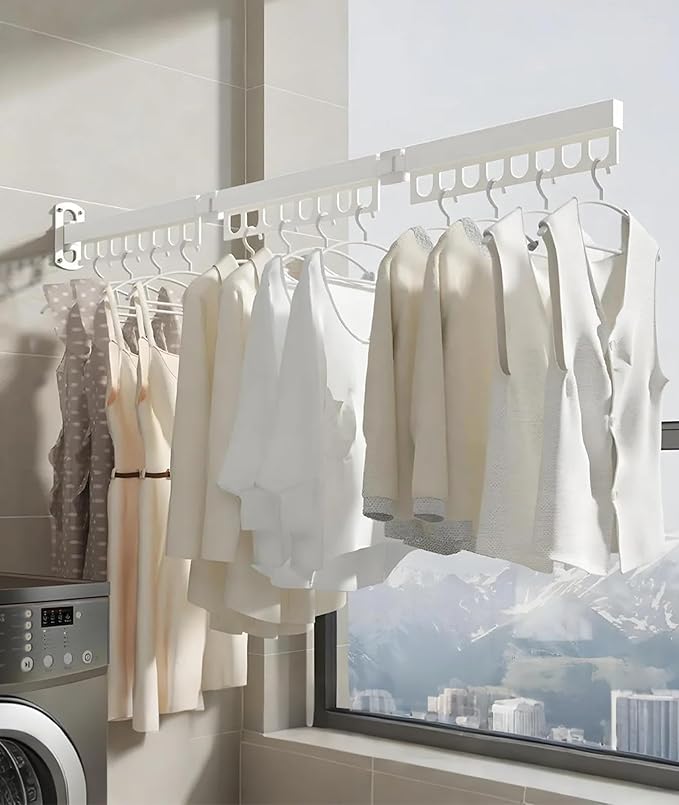 Clothes Drying Rack Laundry Space Saver Wall Mounted, Retractable, Collapsible(Tri-Fold), White Color Rack Clothing (with Screws)