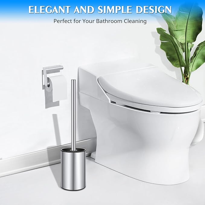 QL Toilet Brush and Holder，Stainless Steel Toilet Brush，Quick Drying Bathroom Toilet Bowl Scrubber Brush for Home and Commercial Use (Silver)