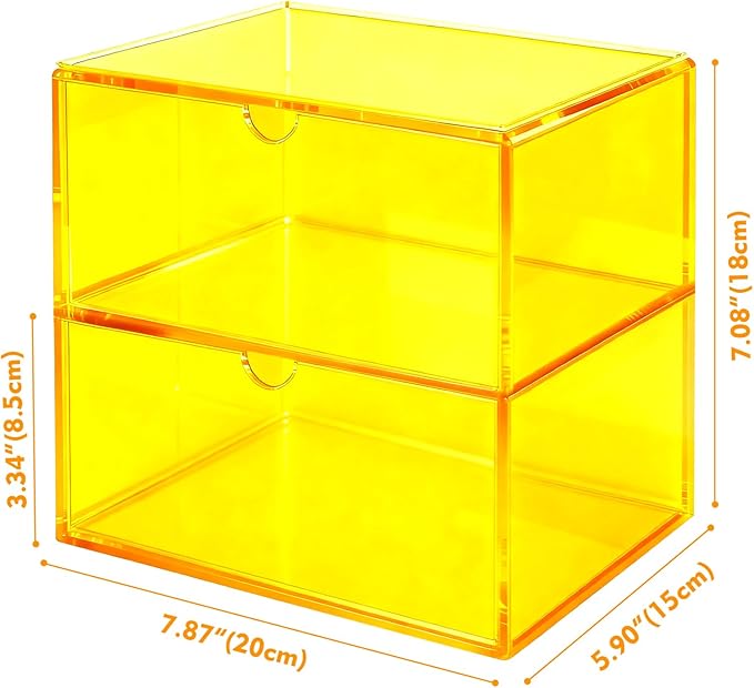 Acrylic Desk Organizer with Drawers Stackable Makeup Organizer for Vanity Office Countertop Cosmetic Display Cases Makeup Storage Box, Neon Yellow