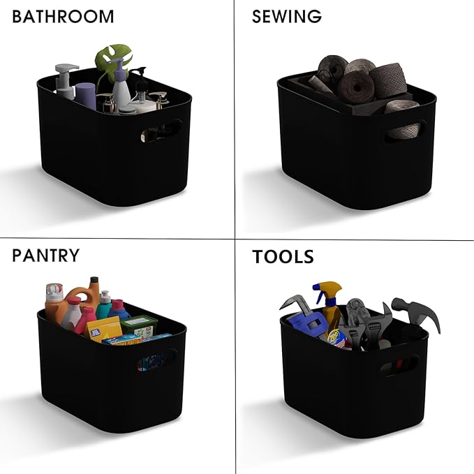 12 Pack Black Plastic Storage Bins, Storage Container for Organizing, Storage Boxes with Handle for Shelves, Cute Organizer Bins for Craft, Snacks, Pantry, Cabinet, 8.7x6.7x5.66inch