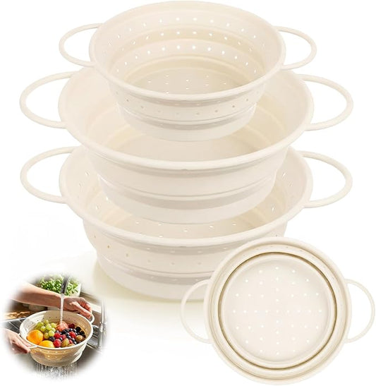 3 Pack Collapsible Colander with Strainer Bowl Set, 11 & 13 In BPA-Free Silicone Colanders for Kitchen, Heat-Resistant Strainer Dishwasher Safe Baskets for Vegetable Fruits(White)