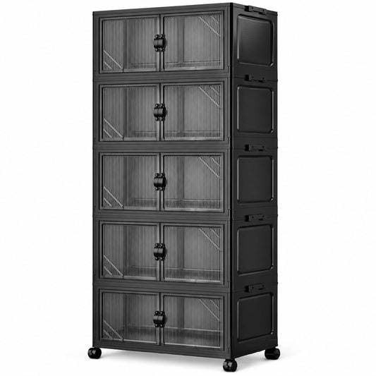 5-Tier Foldable Storage Cabinet with Wheels & Doors, Black - Image 1