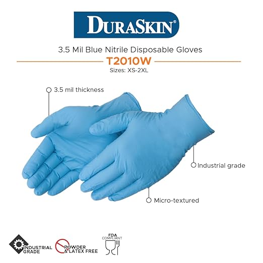DuraSkin T2010W Nitrile Disposable Gloves, 3.5 Mil - Blue, Large | Powder-Free, Micro-Textured, Industrial Grade | for Janitorial, Cleaning, Manufacturing (Box of 100)