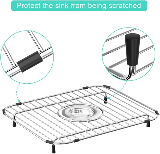 SANNO Stainless Steel Sink Protector, Grid Sink Rack, Bottom of Sink with Center Drain, Scratch Free 11.5" x 13.8"