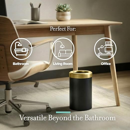 Gatco Small Bathroom Trash Can with Lid, Round 3 Gallon Stainless Steel Wastebasket, Under Sink, Matte Black and Brushed Brass, for Bathroom, Bedroom, Office (1930)