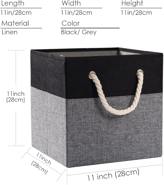PRANDOM Large Foldable Cube Storage Bins 11x11 inch [4-Pack] Fabric Linen Storage Baskets Cubes Drawer with Cotton Handles Organizer for Shelves Nursery Closet Bedroom Black