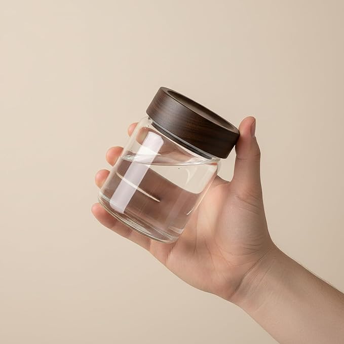 Wide Mouth Glass Storage Jars With 3" Acacia Wood Lids - 4 Pack of 9.1 Oz Airtight Food Storage Containers - Borosilicate Glass Canisters for Kitchen - Pantry Organizers and Storage for Rice Coffee