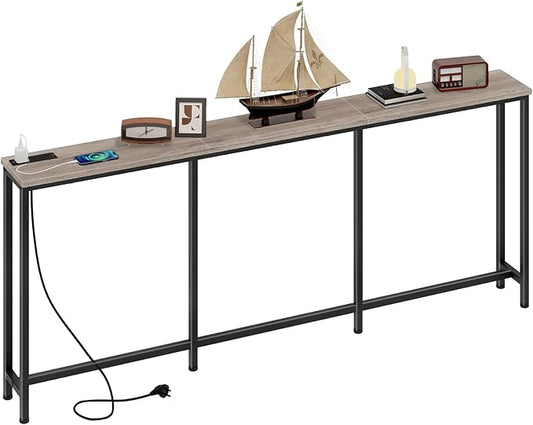 70.9" Narrow Console Table with Power Outlet 7.1" Skinny Sofa Table, Long Behind Couch with Charging Station for Hallway, Living Room Greige and Black TXG18UBG