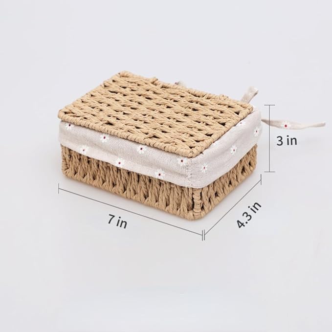 Wicker Shelf Basket with Lid Paper Storage Baskets for Shelves Small Storage Bin with Removable Liner Nesting Decorative Woven Basket for Makeup Closet Organizer (Small, Khaki)