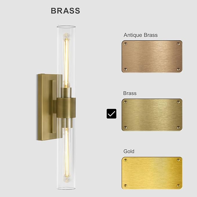 Brass Wall Sconces, 22.8" Bathroom Wall Sconce, Gold Wall Sconces Set of 2, 2-Light Dimmable Wall Sconce, Sconces Wall Lighting With Glass, Bathroom Vanity Light, Tube Sconce for Living Room, Hallway