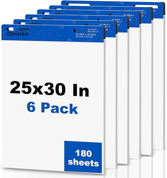 180 Sheets Sticky Easel Pad 25 x 30 Inches, White Self-stick Easel Paper Great for Virtual Teacher and Students, Flip Chart Paper for Office and Classroom, 30 Sheets/Pads, 6 Pads