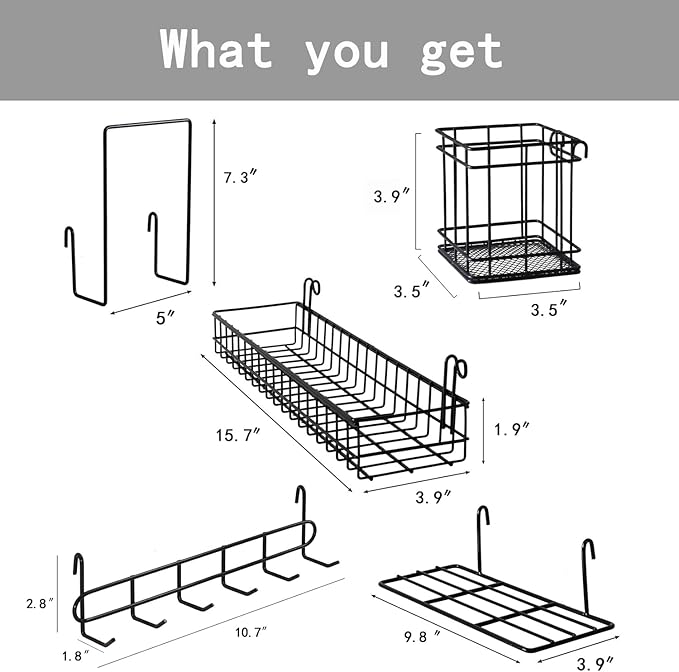 Metal Mesh Wall Grid Panel Hanging Basket,Display Shelf,Pen Holder,Hooks Rack,Bookshelf,Decorative Desk Storage Organizer for Office,Study,Set of 5 (Black)