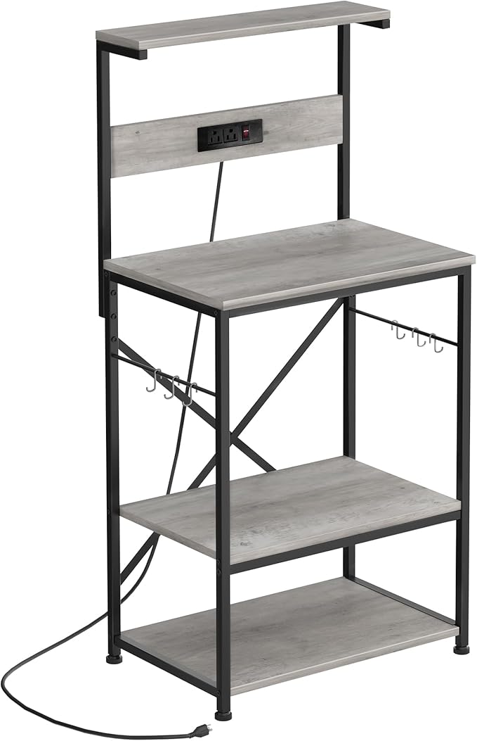 Shintenchi Bakers Rack with Power Outlet, Kitchen Organizers and Storage with 6 Hooks, Microwave Oven Stand, Kitchen Shelf for Spice, Coffee Station, Coffee Bar Table (Gray)