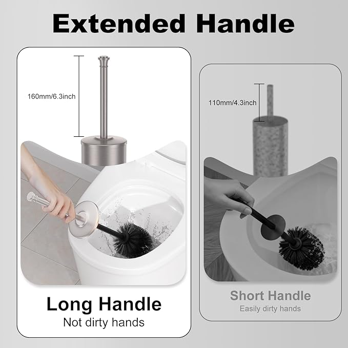 Stain Nickel Toilet Brush and Holder，Extra Long Handled Toilet Brush for Bathroom，Stainless Steel Heavy Duty Toilet Bowl Brush,Removable Inner Bowl,Deep Cleaning Dense Bristles Brush