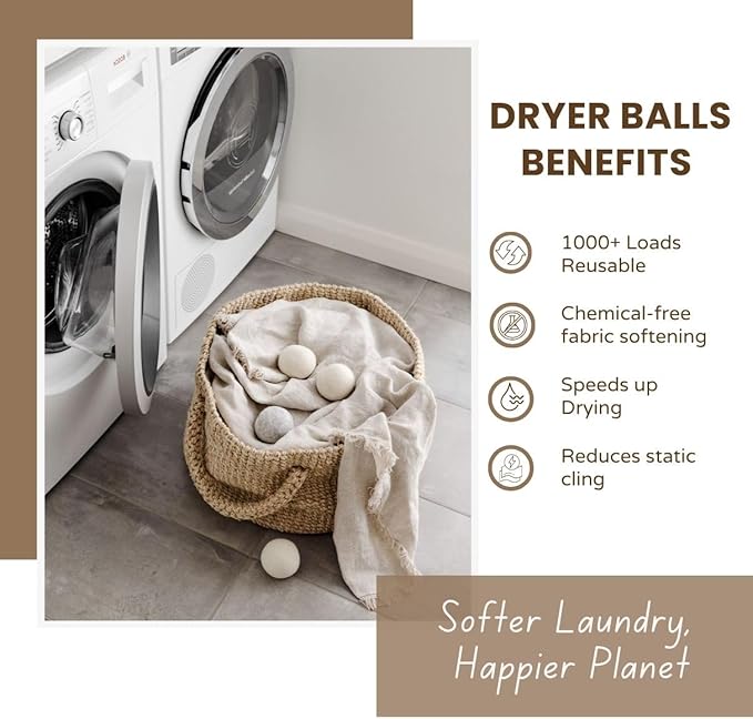Laundry Wool Dryer Balls | Natural Fabric Softener – Reusable, Eco-Friendly, Reduces Drying Time – Wool Balls Replaces Dryer Sheets - 6 XL Pack - Laundry Balls for Dryer