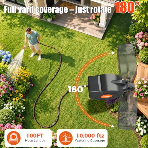 100FT Retractable Garden Hose Reel,5/8 Inch Wall Mounted - Image 4