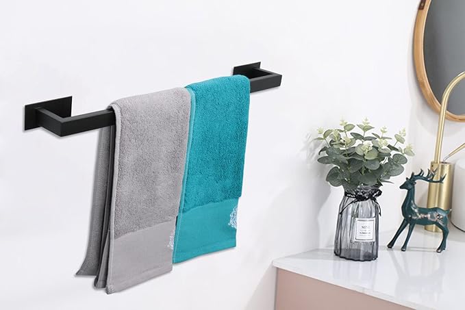 Bathroom Towel Bar Self Adhesive, No Drilling Towel Rack Easy to Install, Hand Towel Holder Made of Premium Stainless Steel Sticky on Hand Towel Hanger for Kitchen, Toilet.(24IN, Black)